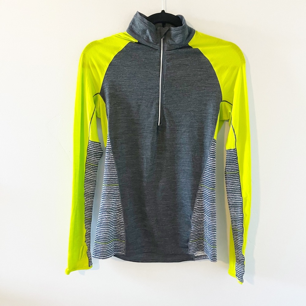 Icebreaker GT Merino Wool 1/4 Zip Base Layer Top Lime Green Gray Womens Small